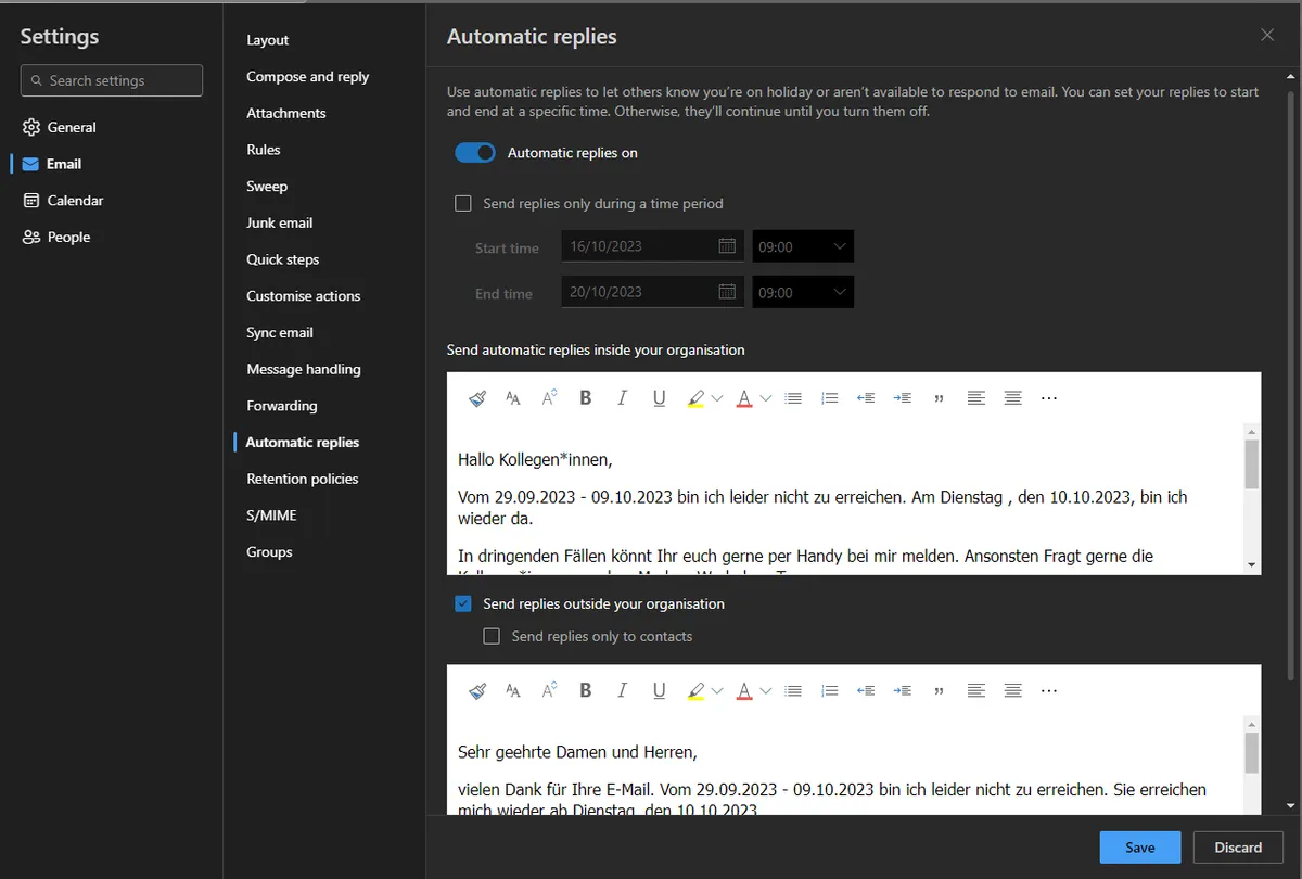 Abbildung aus „Der Abwesenheitsassistent in Outlook Online”